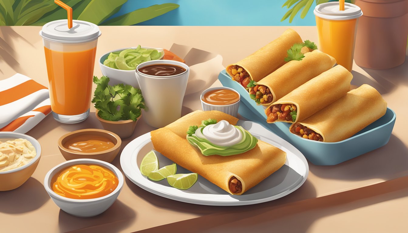 A sunny morning scene with a steaming plate of Whataburger's Breakfast Taquitos surrounded by colorful Tex-Mex ingredients and a cup of hot coffee