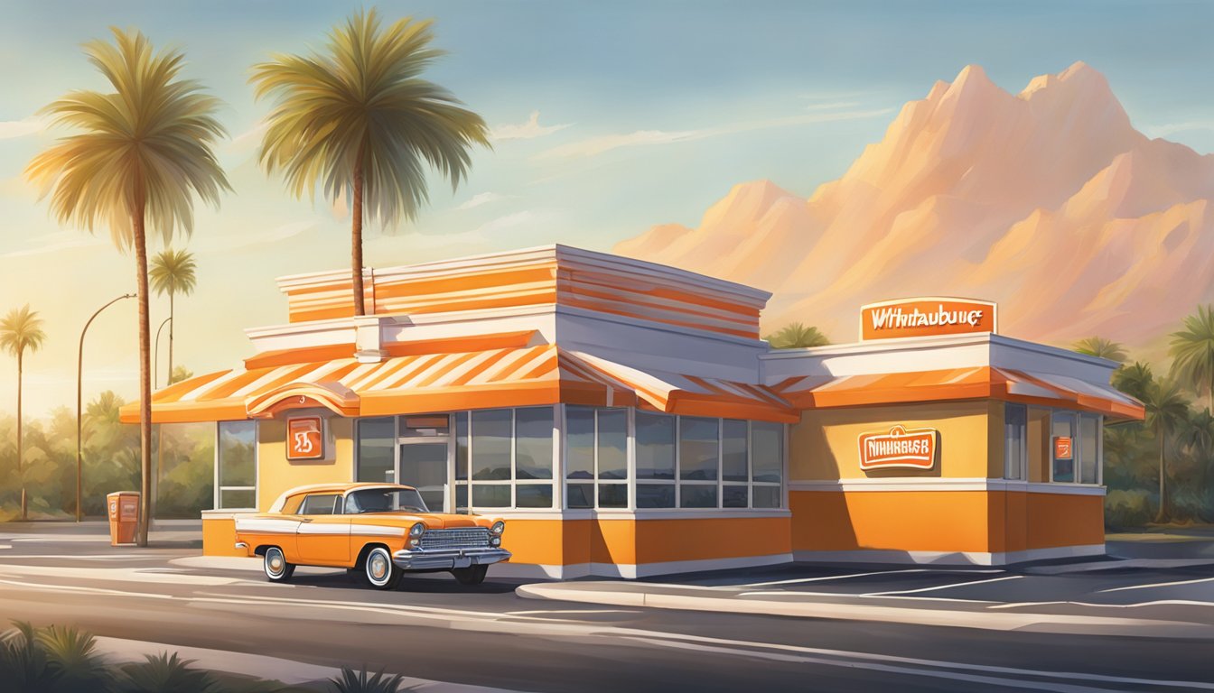 A sunrise over a classic Whataburger restaurant with its distinctive orange and white striped roof, surrounded by palm trees and a drive-thru lane