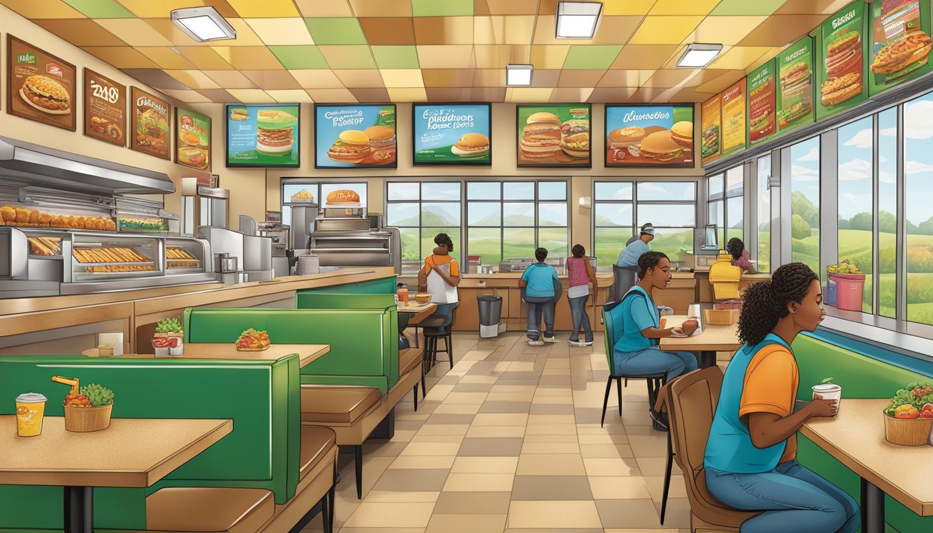 A bustling Hardee's restaurant with a colorful menu board featuring popular breakfast items, surrounded by images of farm-fresh ingredients and eco-friendly messaging