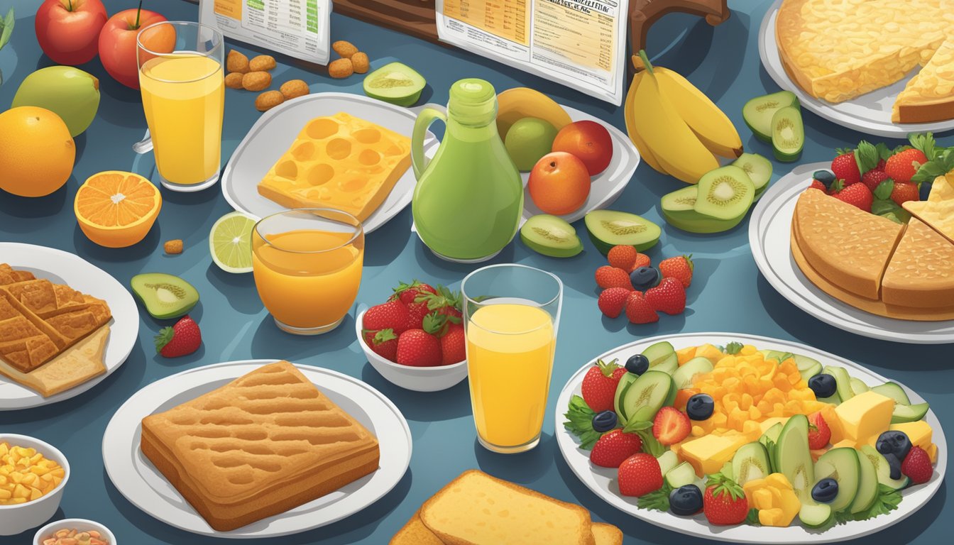 A table with a spread of Hardee's breakfast items surrounded by images of fruits, vegetables, and nutritional information charts