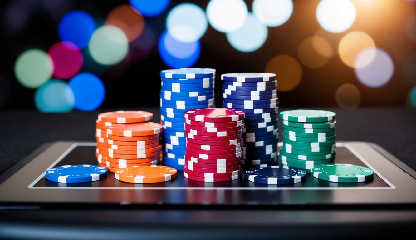 Sekelompok chip poker berwarna-warni yang disusun di atas meja digital dengan batas taruhan rendah