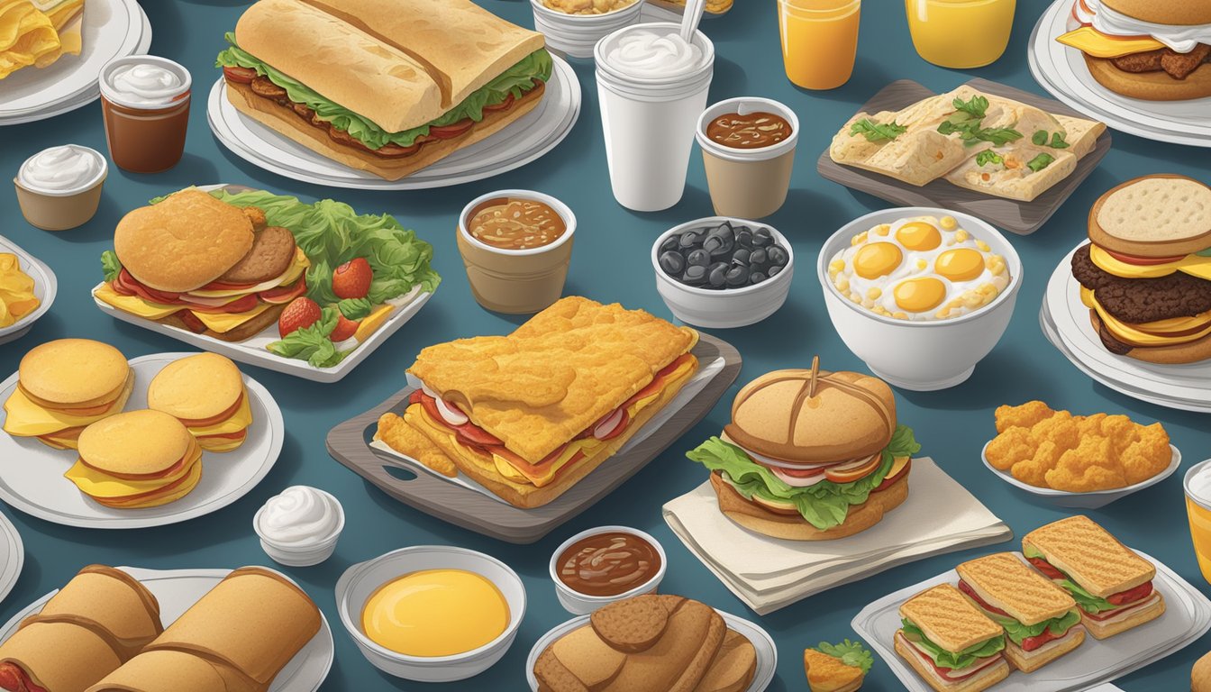 A table spread with a variety of breakfast items: biscuits, sandwiches, and burritos, with a focus on the environmental impact of Hardee's offerings