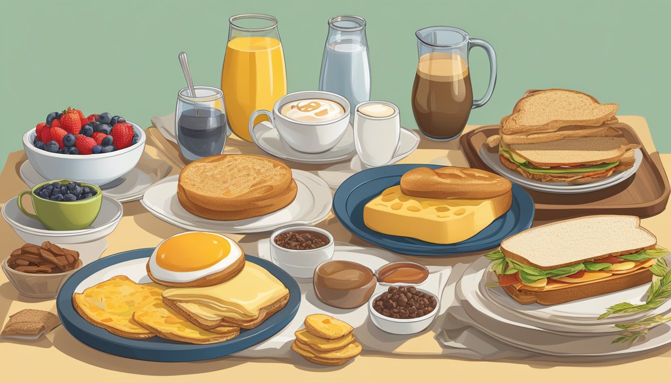 A timeline of breakfast items, from ancient grains to modern breakfast sandwiches, displayed on a table