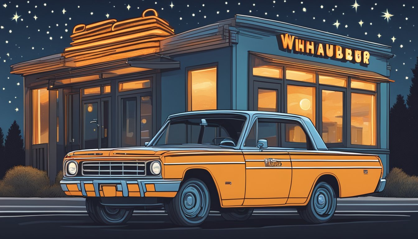 A dark, starry night with a glowing Whataburger sign, a drive-thru window, and a car pulling up to order breakfast items