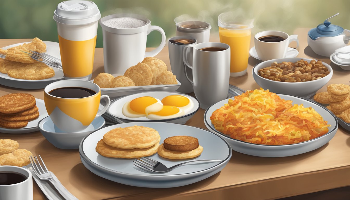 A table set with a variety of breakfast sides and conveniences, such as hash browns, biscuits, and coffee cups, with a focus on the environmental impact of the packaging and waste