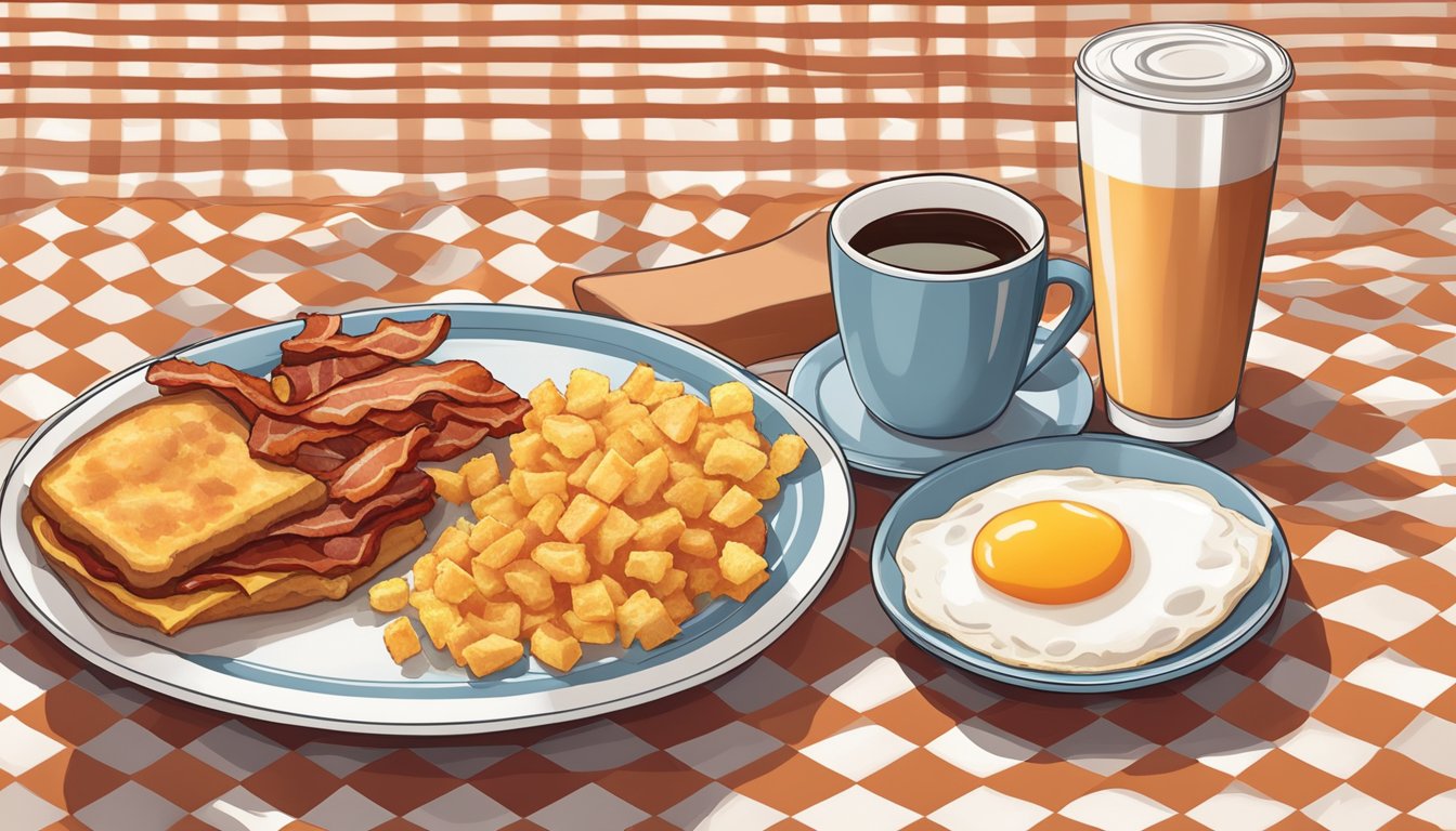 A steaming breakfast platter with eggs, bacon, and hash browns, accompanied by a tall cup of coffee, sits on a checkered tablecloth at a Whataburger restaurant