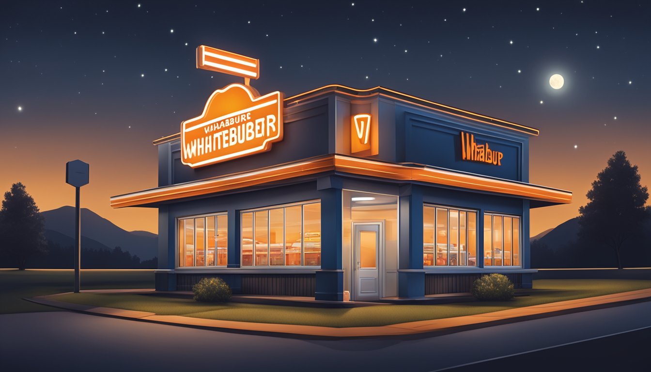 A glowing Whataburger sign illuminating a dark night, with a clock showing the late-night hours for breakfast service