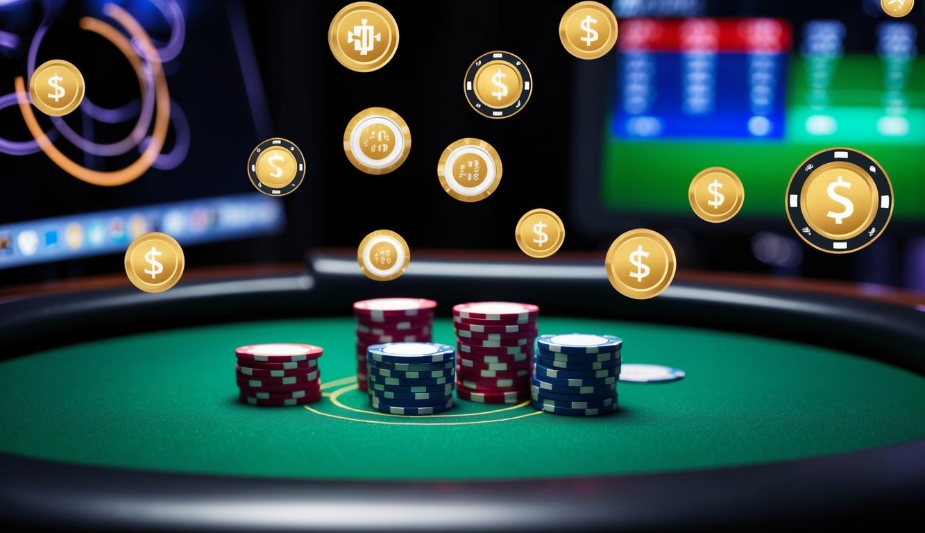 Sebuah meja poker dengan chip dan kartu virtual, dikelilingi oleh ikon bonus digital dan antarmuka online yang ramping