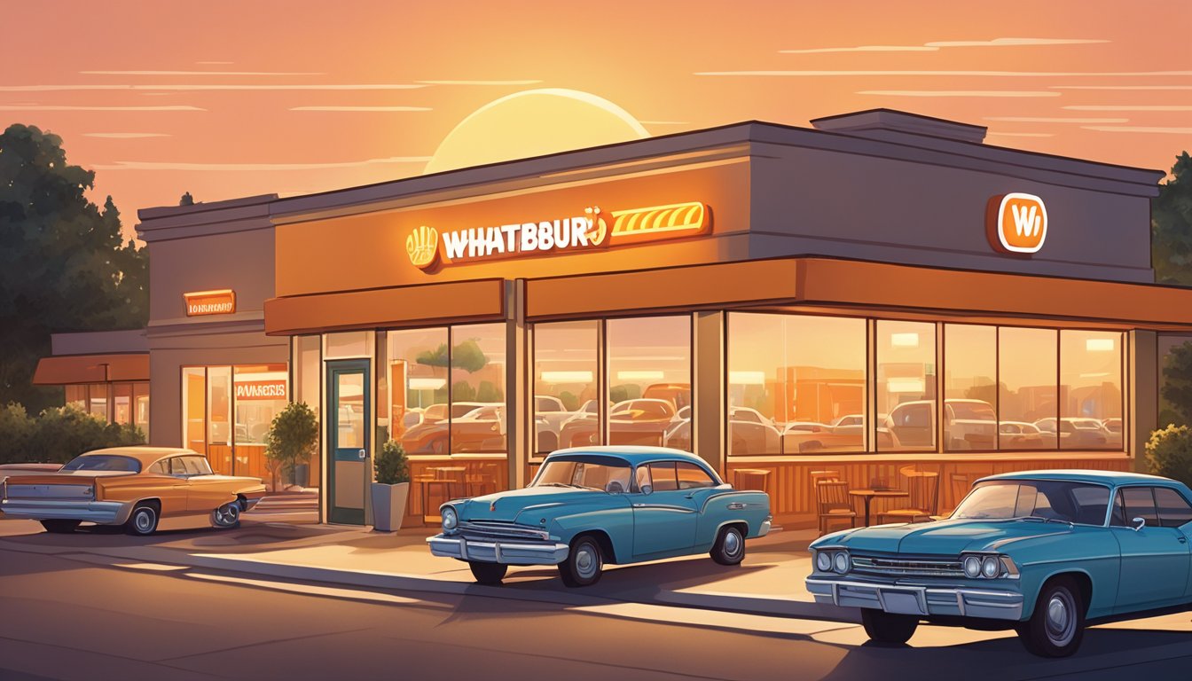 The sun rises over a Whataburger restaurant, with a line of cars at the drive-thru. A warm glow emanates from the building, inviting late-night customers in for a comforting breakfast