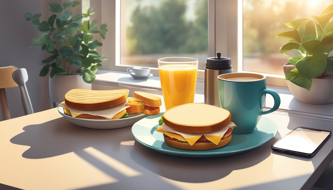 A modern kitchen table with a plate holding a breakfast sandwich, a cup of coffee, and a smartphone. Sunrise streams through the window