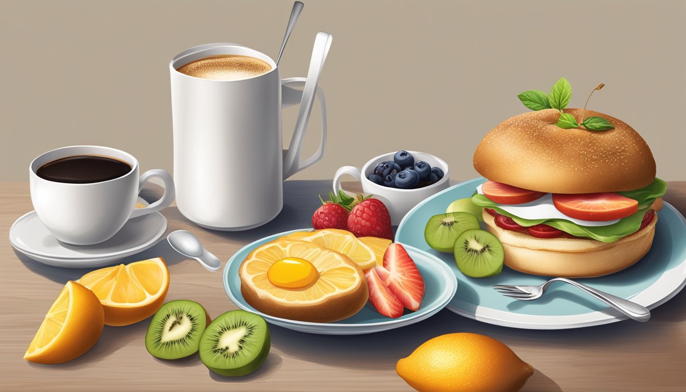 A breakfast on a bun evolves from basic to gourmet, surrounded by fresh fruit and a steaming cup of coffee