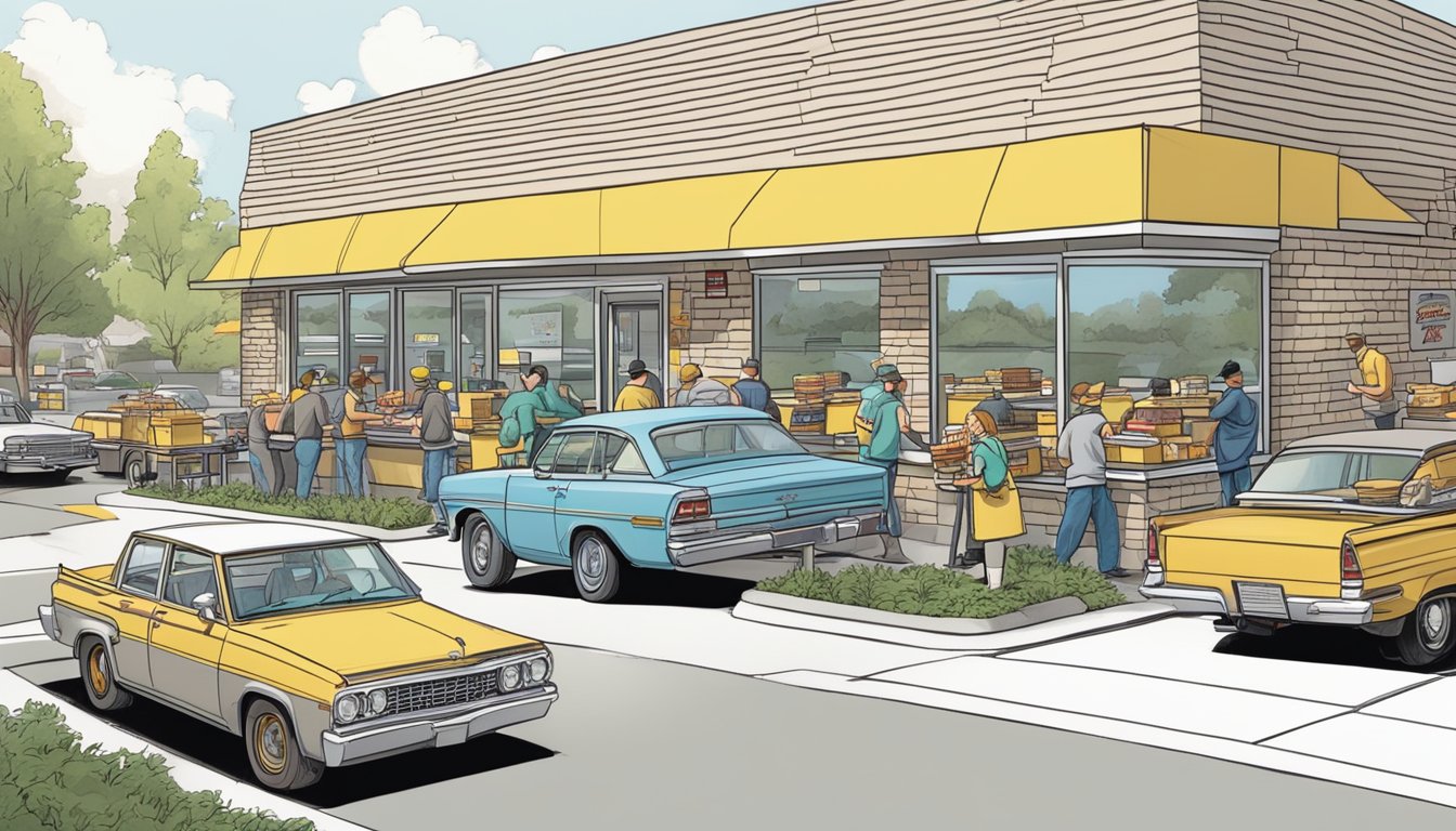 A bustling drive-thru scene at Hardee's, with cars lined up to order breakfast items, as employees efficiently serve customers through the window