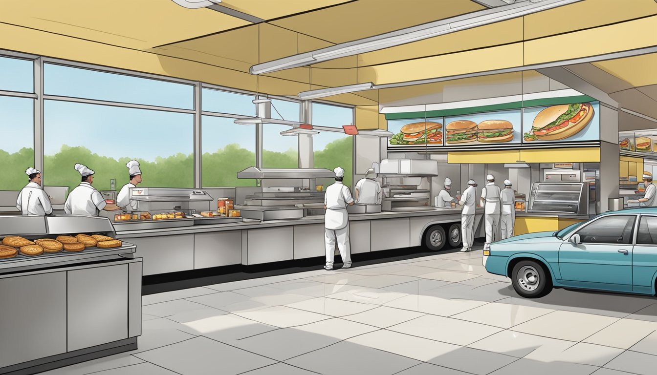 A bustling Hardee's kitchen with chefs preparing fresh breakfast items, while cars line up at the drive-thru window