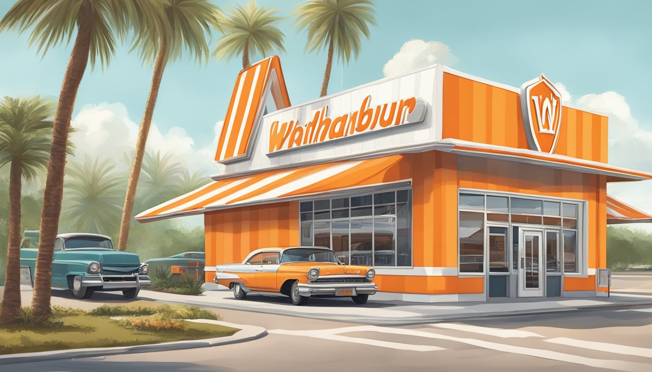 A vintage orange and white striped A-frame building with a large Whataburger sign on top, surrounded by palm trees and a bustling drive-thru