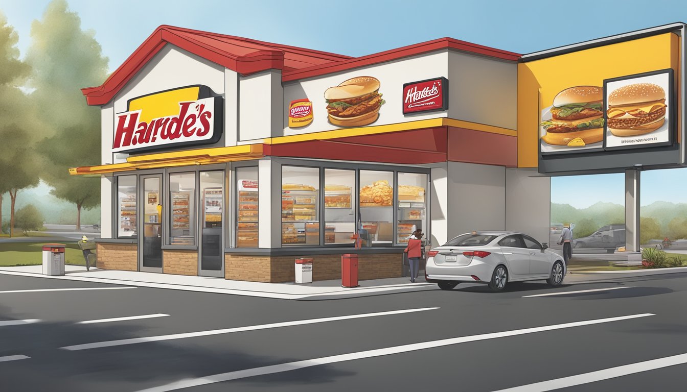 A bustling Hardee's drive-thru with a variety of breakfast items displayed on the menu board, showcasing menu diversification and pricing strategy