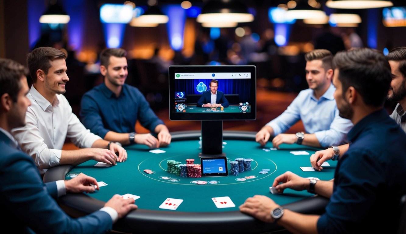 Sekelompok pemain duduk di meja poker virtual, menghadapi dealer langsung melalui umpan video. Dealer mengocok kartu dan berinteraksi dengan pemain secara real-time.