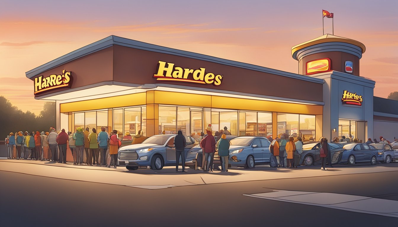 A busy drive-thru line at a Hardee's restaurant, with customers in cars eagerly waiting to order breakfast items. The sun is rising in the background, creating a sense of morning rush