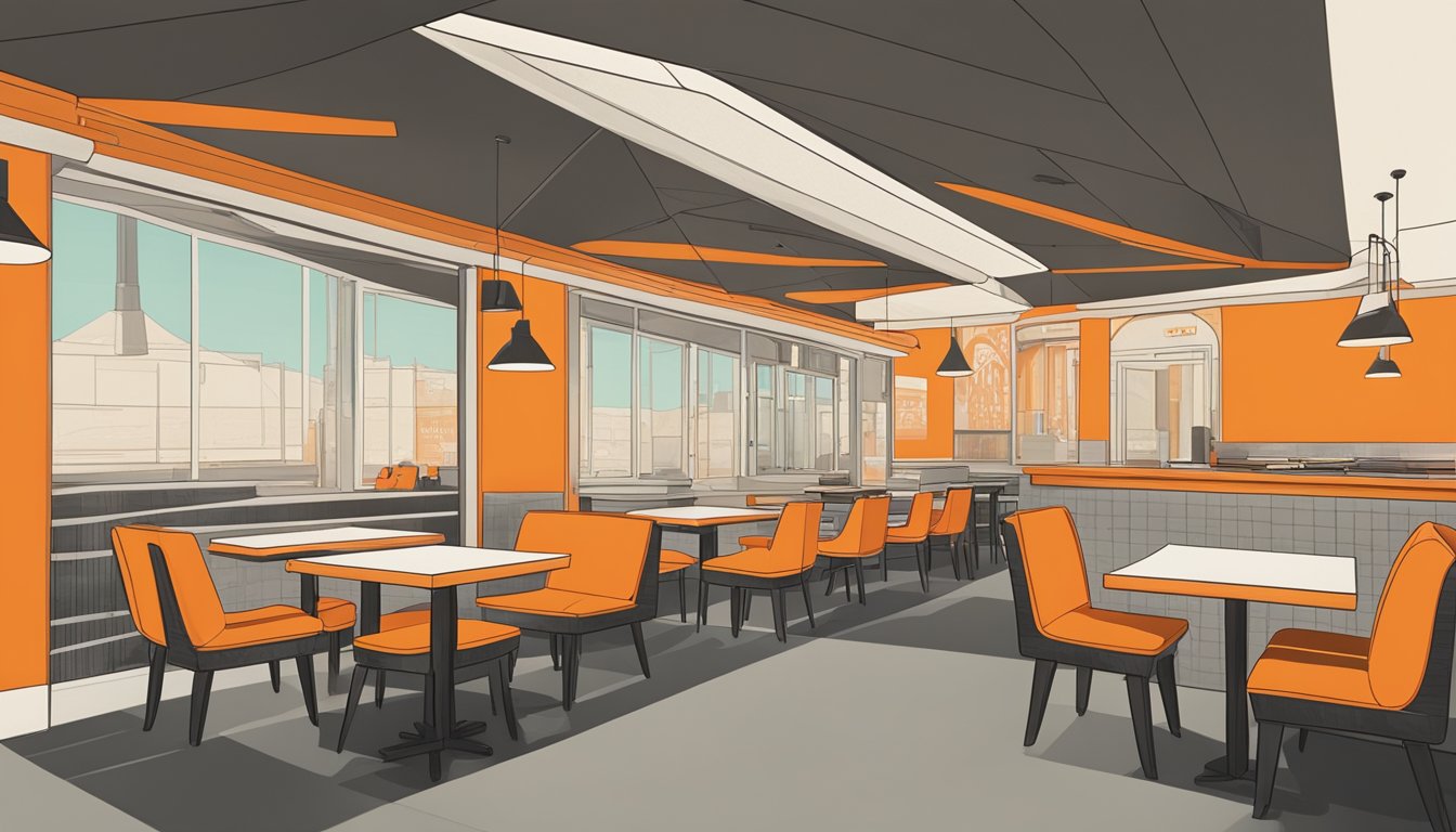 An A-frame restaurant with orange accents and retro design, evoking the era of Whataburger's signature color