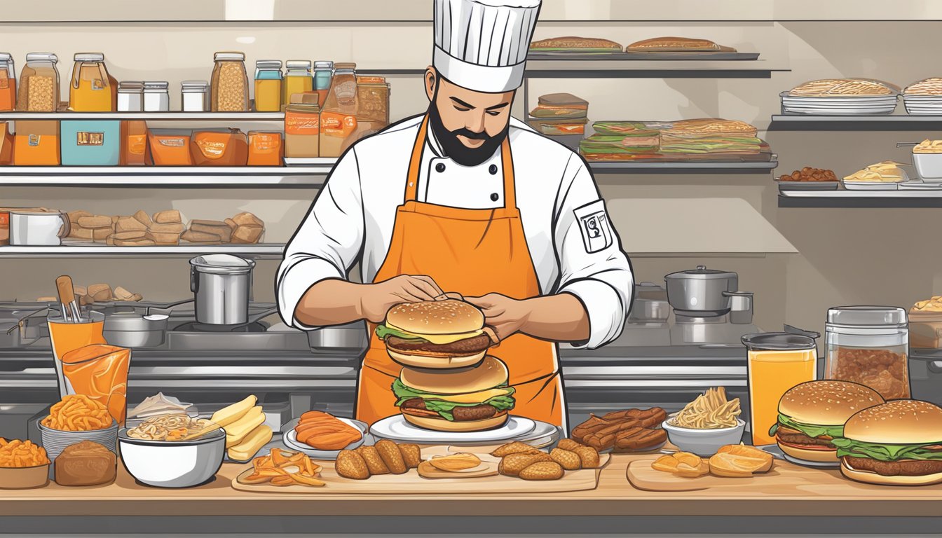 A chef carefully assembling a custom Whataburger breakfast with various ingredients and toppings, showcasing the art of customization