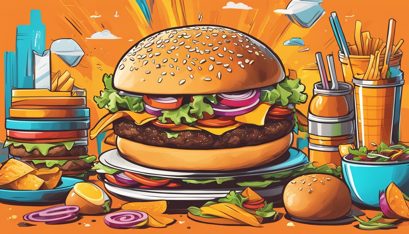 A sizzling burger on a vibrant orange background, surrounded by colorful menu items and innovative food concepts