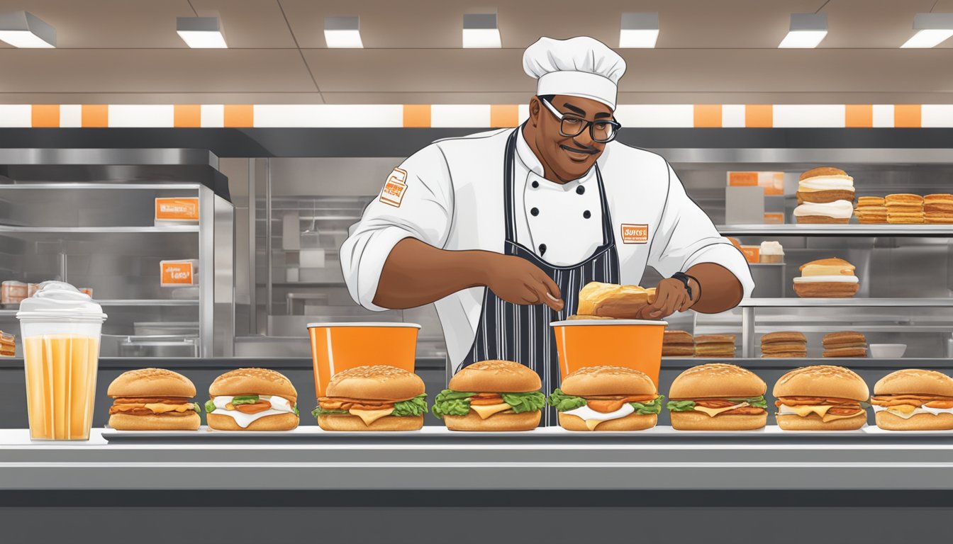 A chef adding unique ingredients to a breakfast sandwich at a Whataburger counter