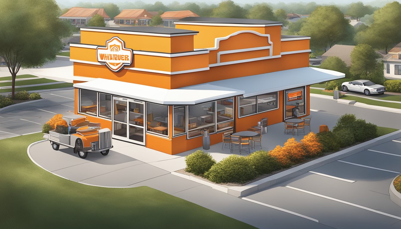 A bustling Whataburger restaurant with the iconic orange and white color scheme, featuring a drive-thru and outdoor seating area, surrounded by a growing suburban neighborhood