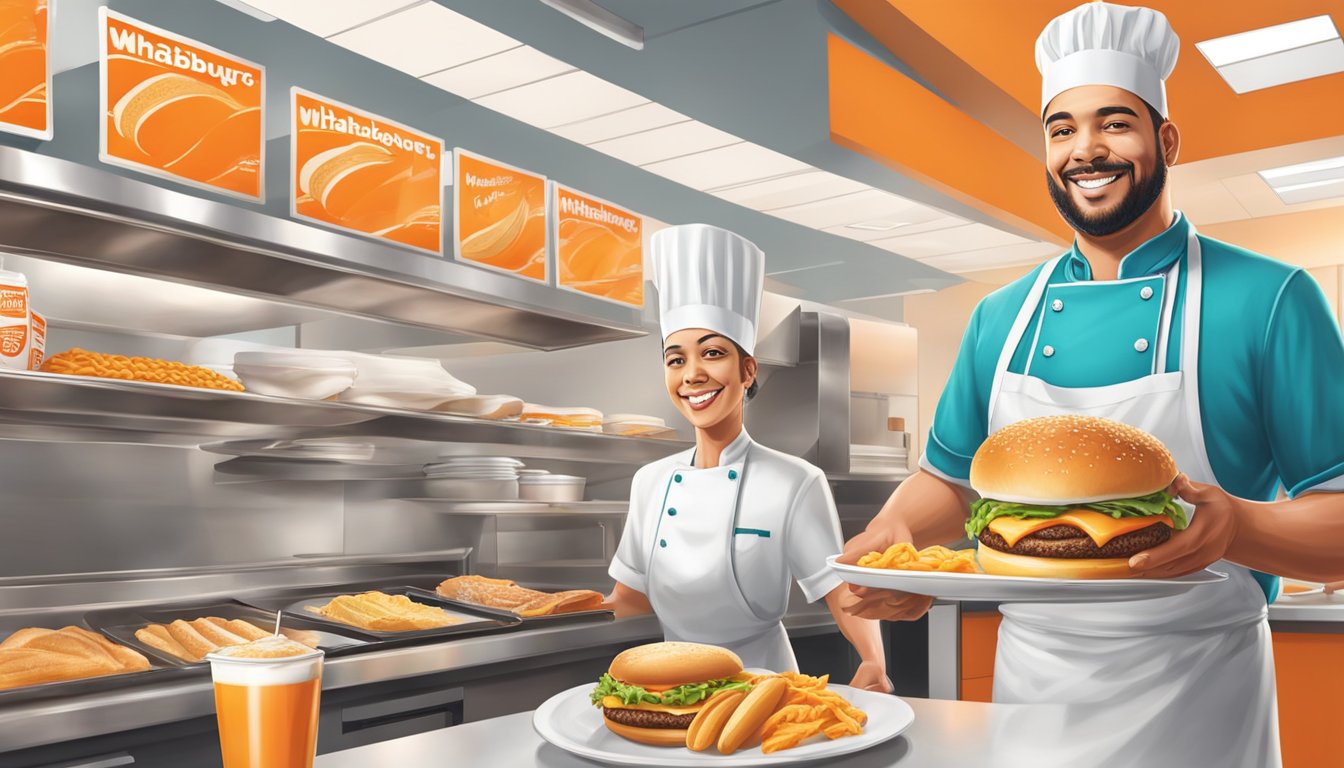 A chef carefully assembling a customized Whataburger breakfast with fresh ingredients, while a server stands ready to deliver the meal with a smile