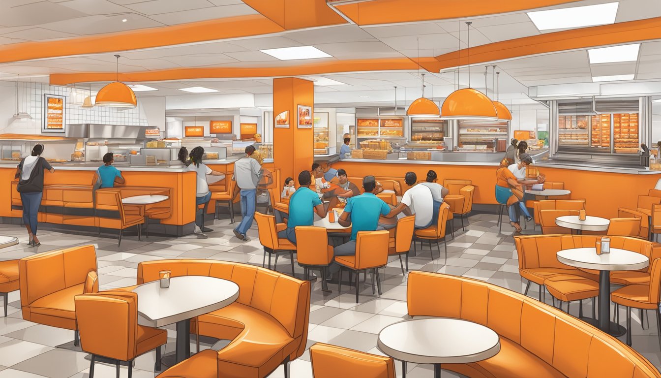 A bustling Whataburger restaurant with a prominent orange color scheme, including the building, signage, and interior decor. Customers happily enjoying their meals