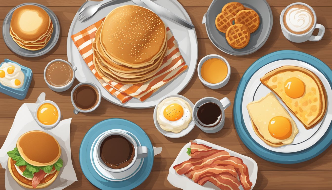 A table set with a variety of breakfast items, including pancakes, eggs, bacon, and coffee, with a banner promoting "Promotions and Special Offers" for customizing Whataburger breakfasts