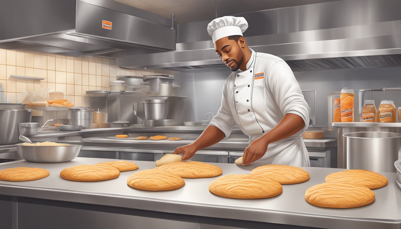 A chef carefully measures and mixes ingredients, kneading dough for fluffy biscuits in a bustling Whataburger kitchen