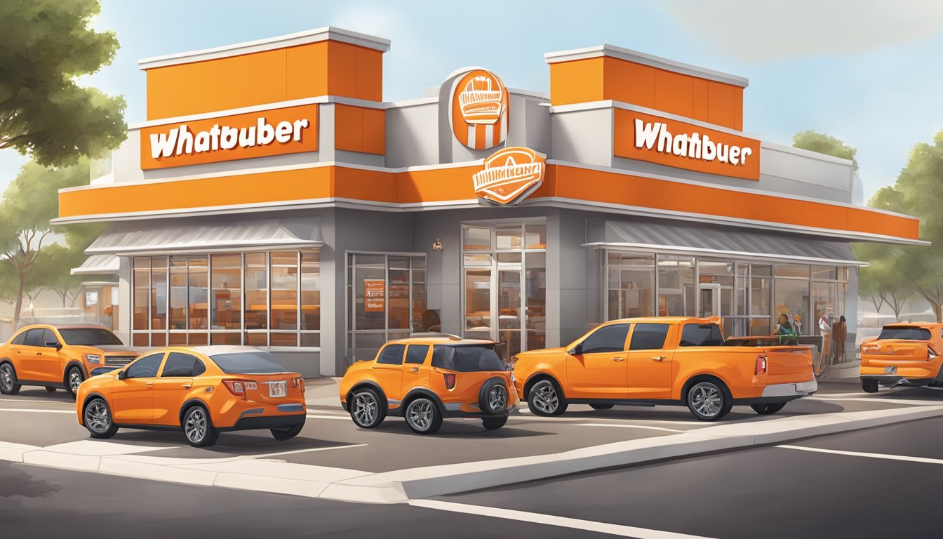 A bustling Whataburger restaurant with the iconic orange color scheme evident in the signage, decor, and packaging. Customers enjoy their meals while the brand's logo is prominently displayed throughout the scene