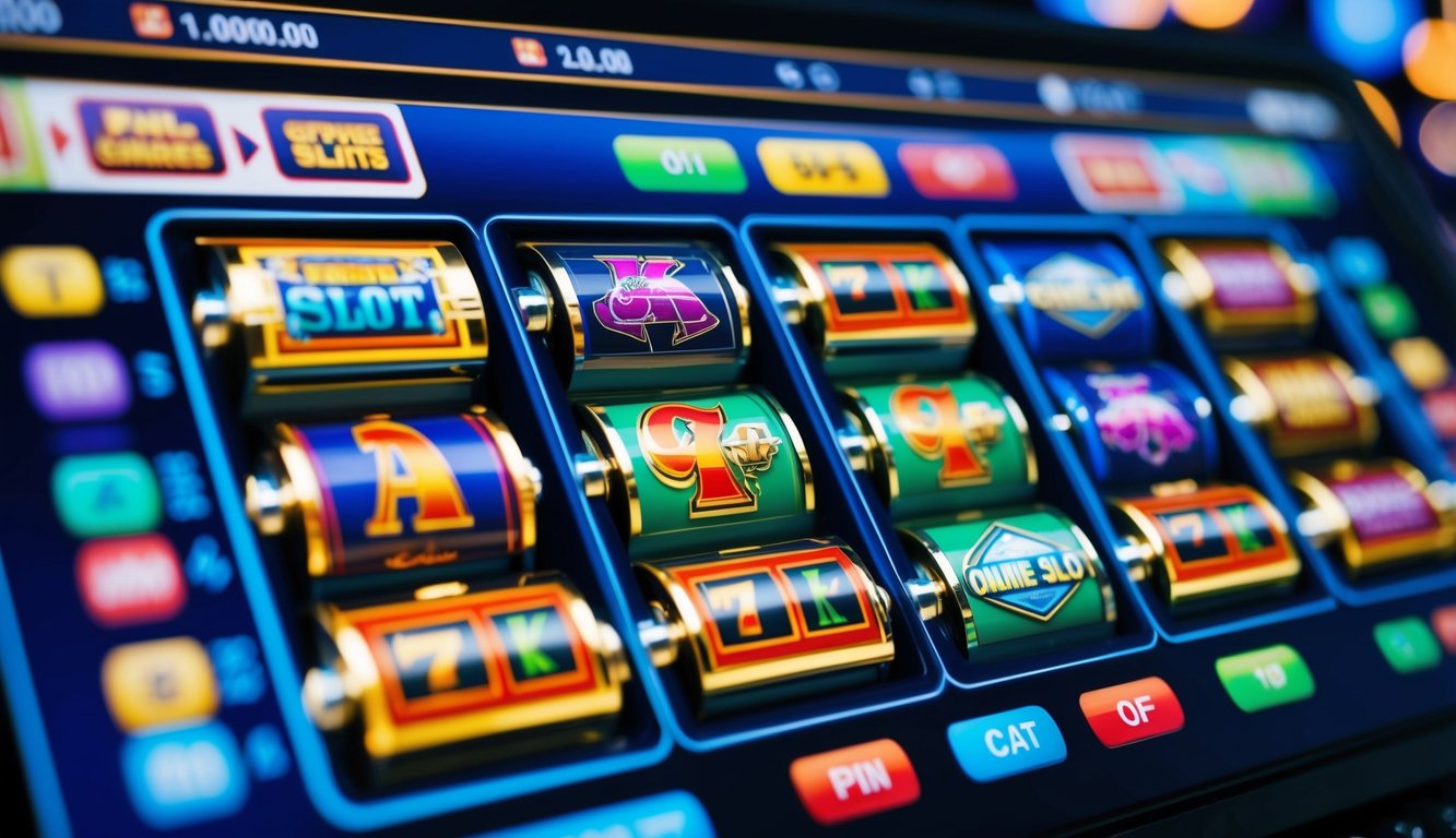 Sebuah deretan mesin slot online yang berwarna-warni di antarmuka digital, dengan berbagai tema dan simbol, dikelilingi oleh tombol dan kontrol virtual