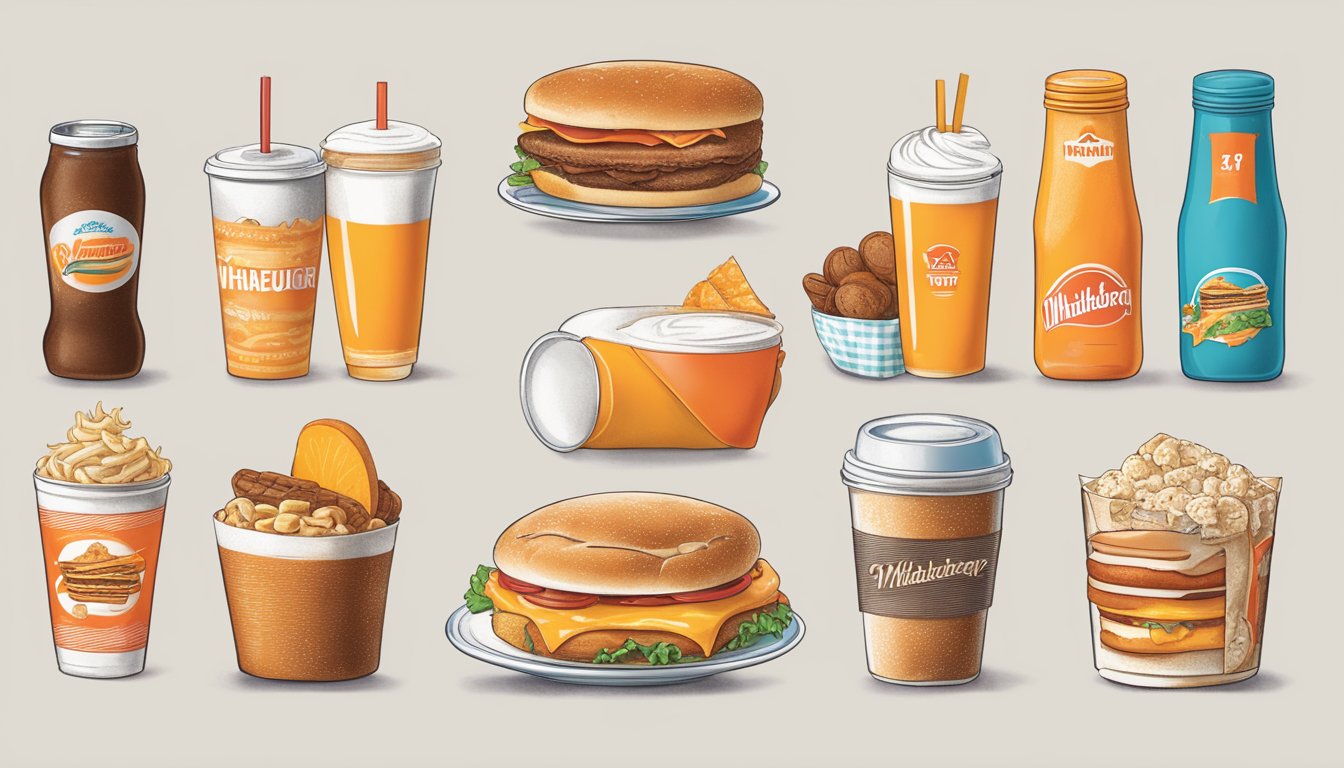 A colorful timeline of breakfast items from different decades, including iconic menu items and Whataburger branding