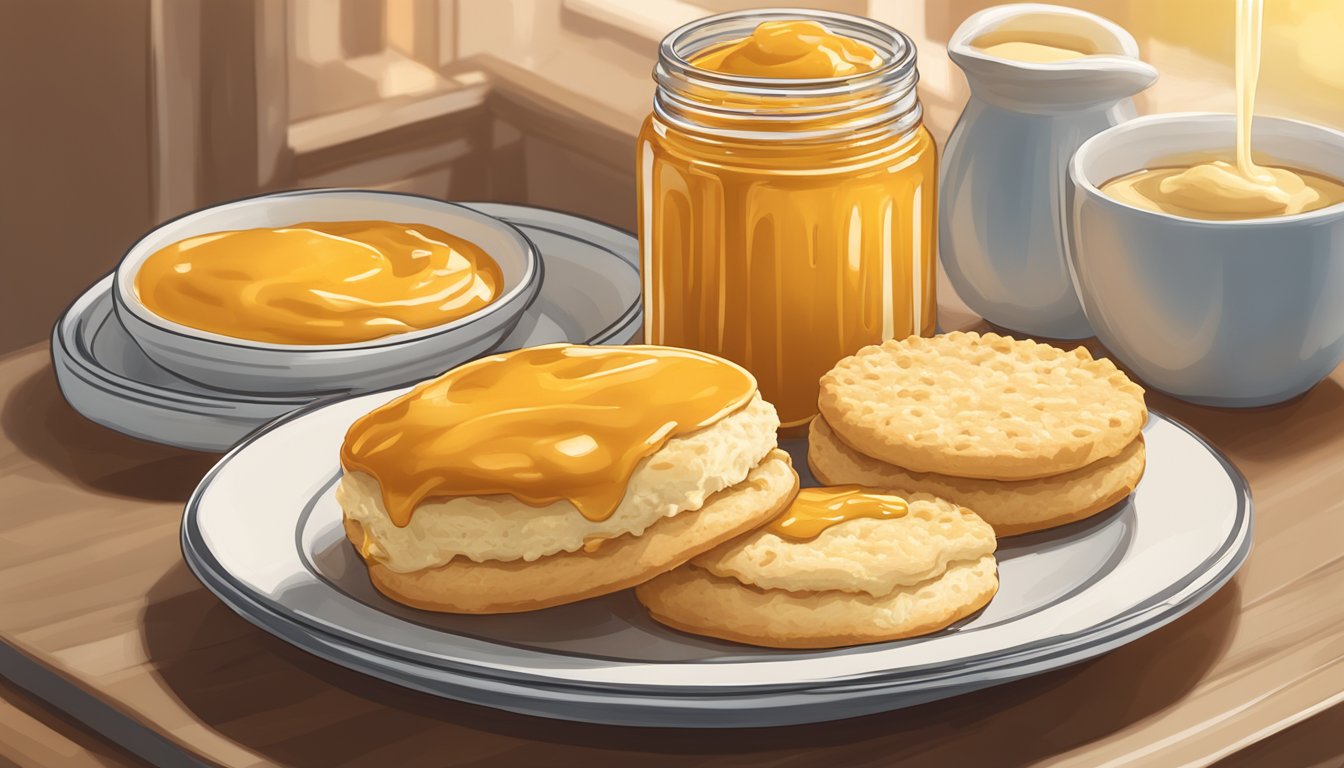 A jar of Whataburger's Honey Butter Sauce sits open next to a plate of fluffy biscuits, with a dollop of the golden sauce melting on top