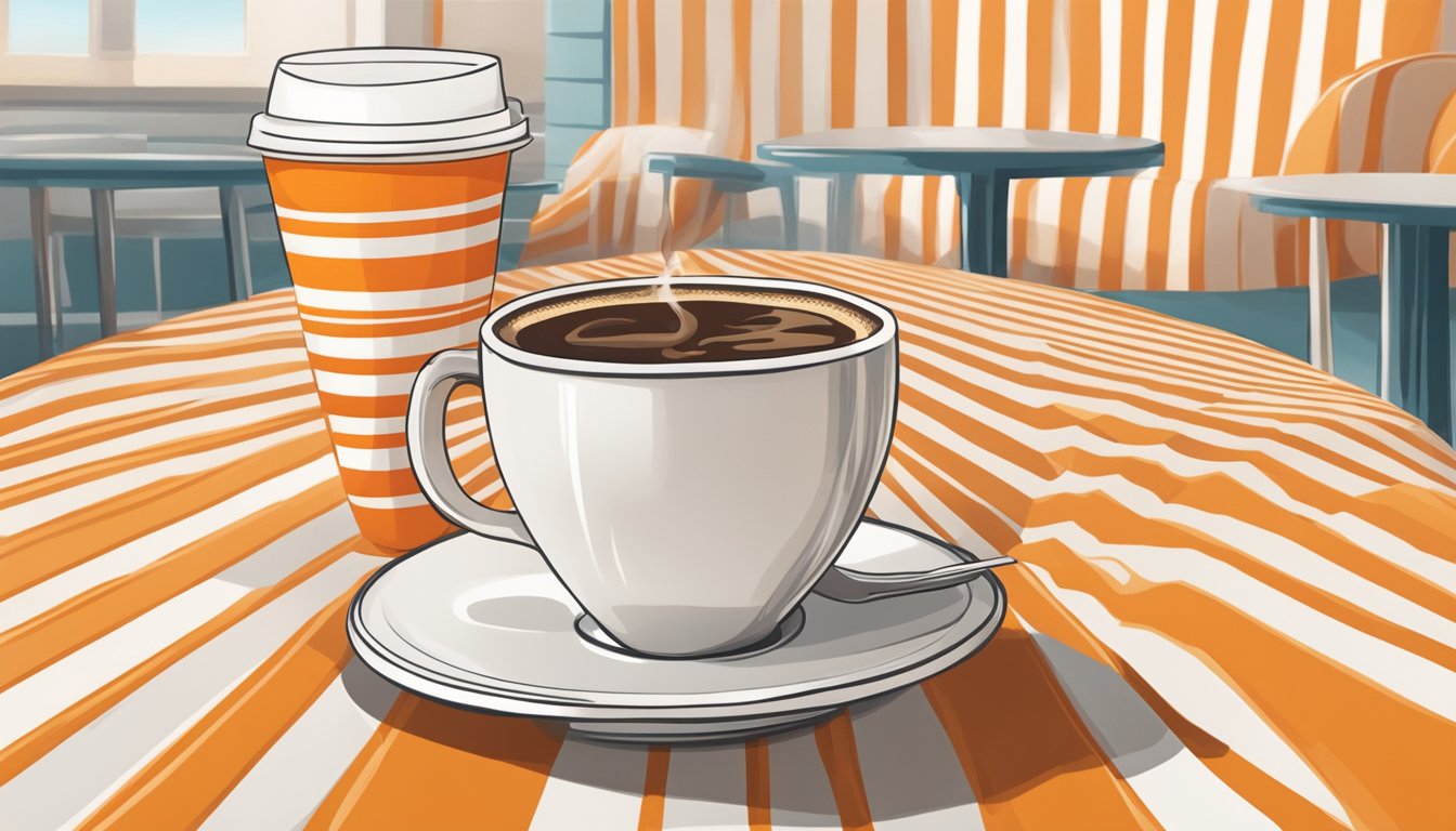 Steaming cup of coffee on Whataburger table with iconic orange and white striped cup