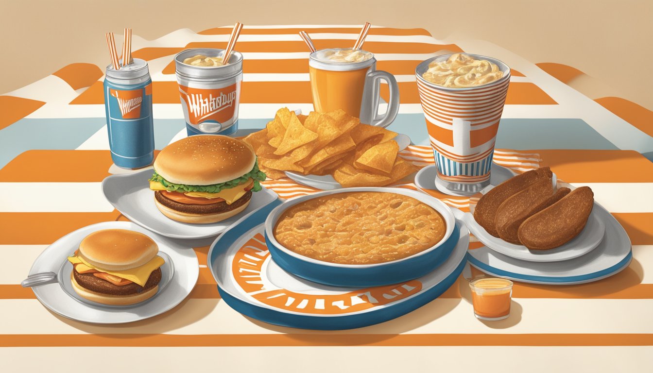 A table set with Whataburger's breakfast items from different decades, surrounded by vintage decor and memorabilia