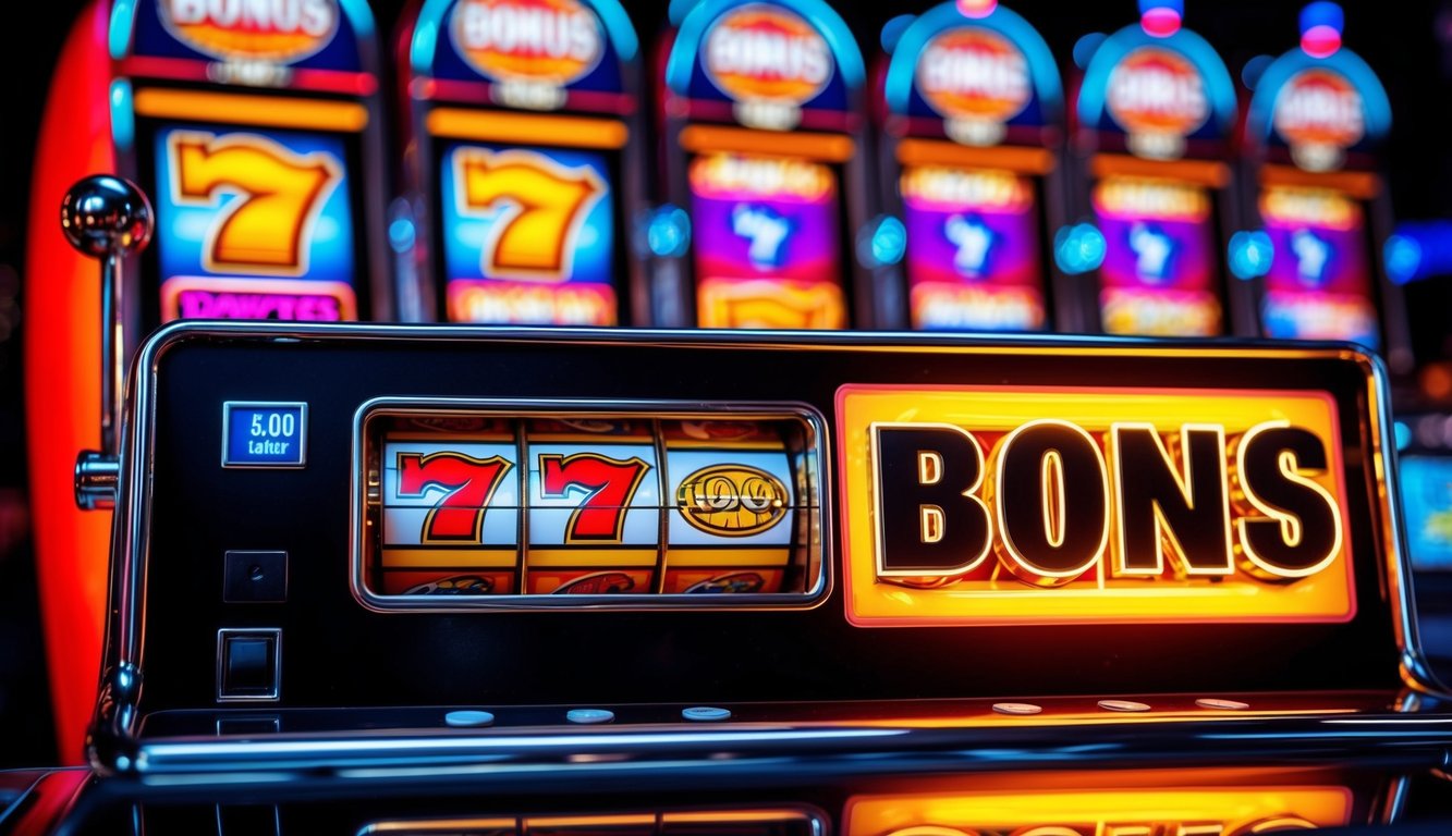 Mesin slot yang cerah dan hidup dengan lampu berkedip dan simbol bonus besar