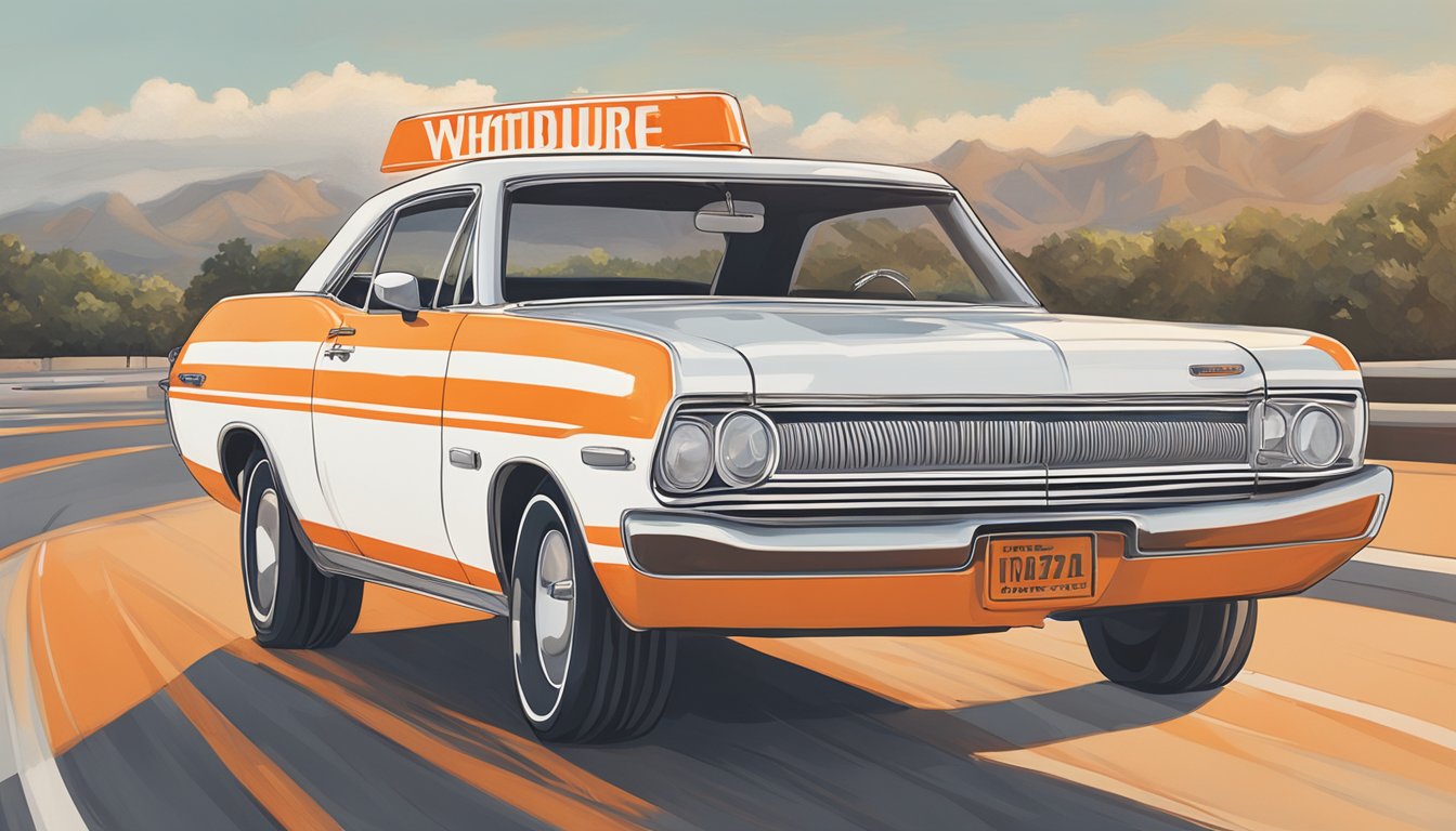 A steaming cup of Whataburger coffee sits on a car's dashboard, with the iconic orange and white stripes in the background