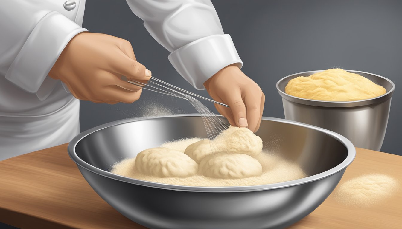 A chef carefully measures and mixes flour, butter, and buttermilk in a stainless steel bowl, creating a fluffy biscuit dough