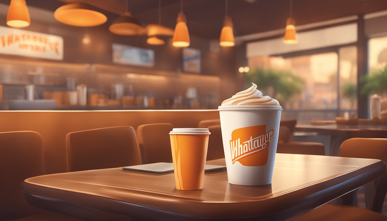 A steaming cup of Whataburger coffee sits on a table, surrounded by a cozy cafe atmosphere with warm lighting and comfortable seating