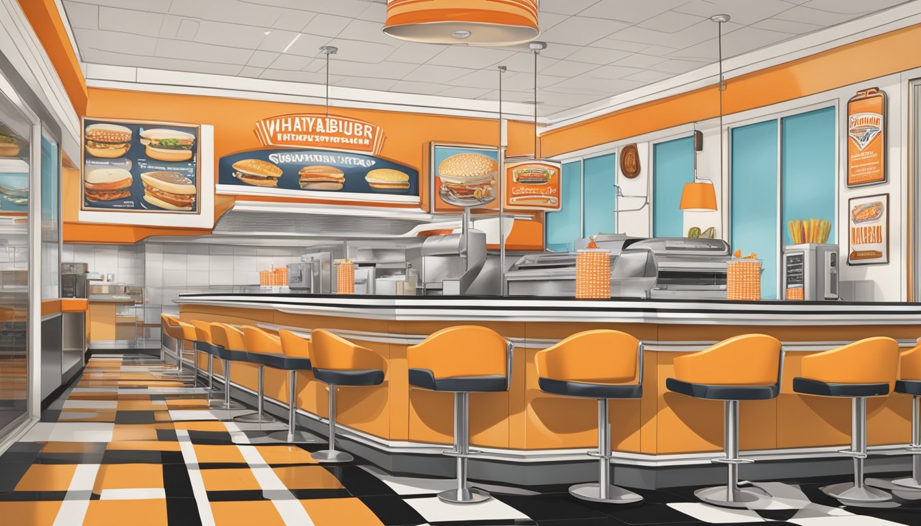 A bustling Whataburger restaurant with a retro 1950s diner vibe, alongside a sleek, modern interior. A timeline of breakfast menu items from the past to the present is displayed on the wall