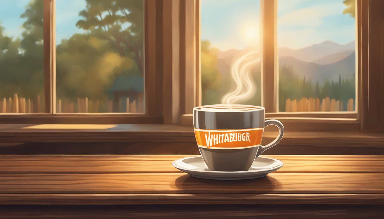 A steaming cup of Whataburger coffee sits on a rustic wooden table, surrounded by a warm and inviting atmosphere with subtle hints of morning sunlight filtering through the window