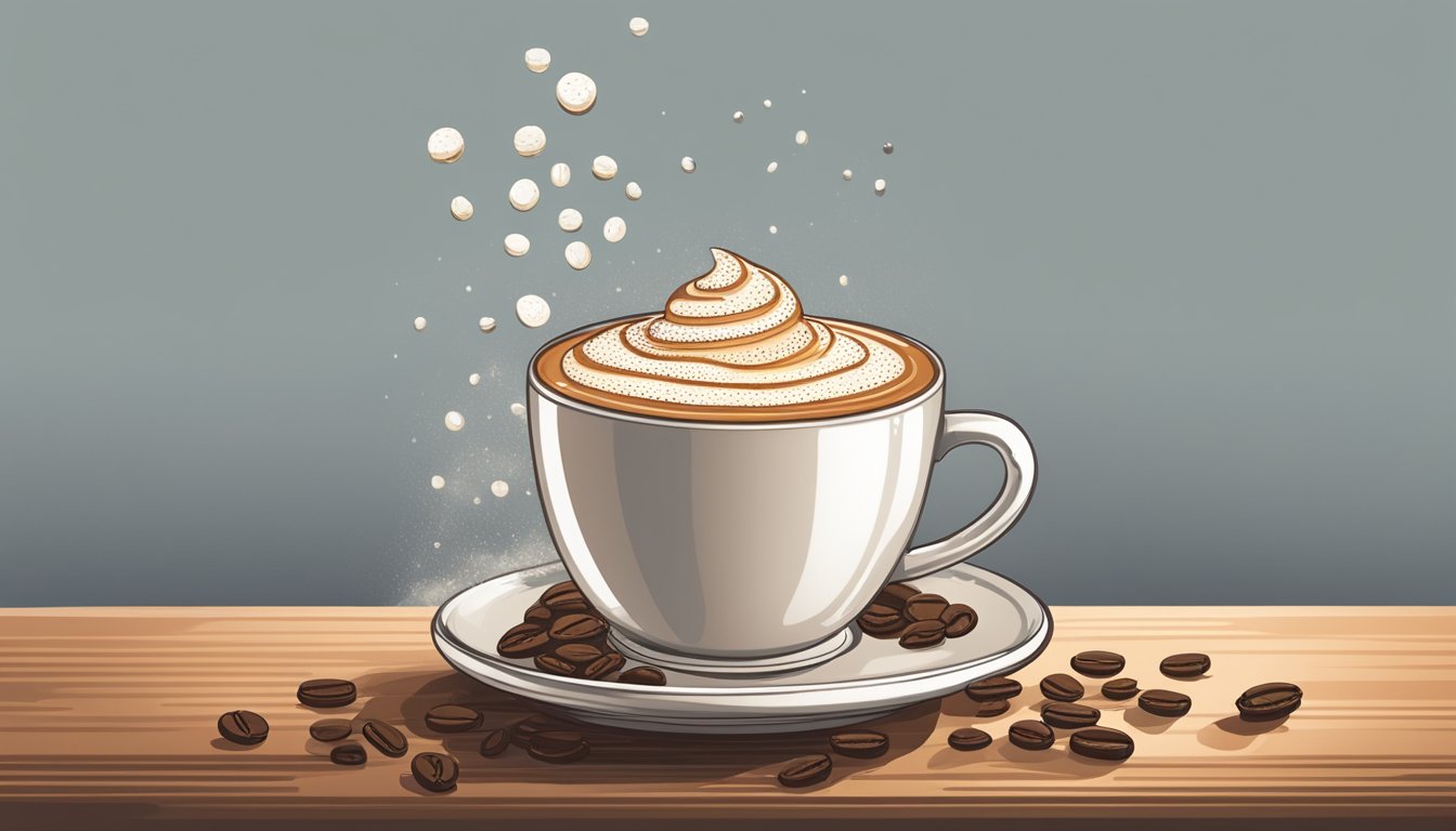 A steaming cup of Whataburger coffee sits on a saucer, surrounded by a scattering of coffee beans and a small glass of cream