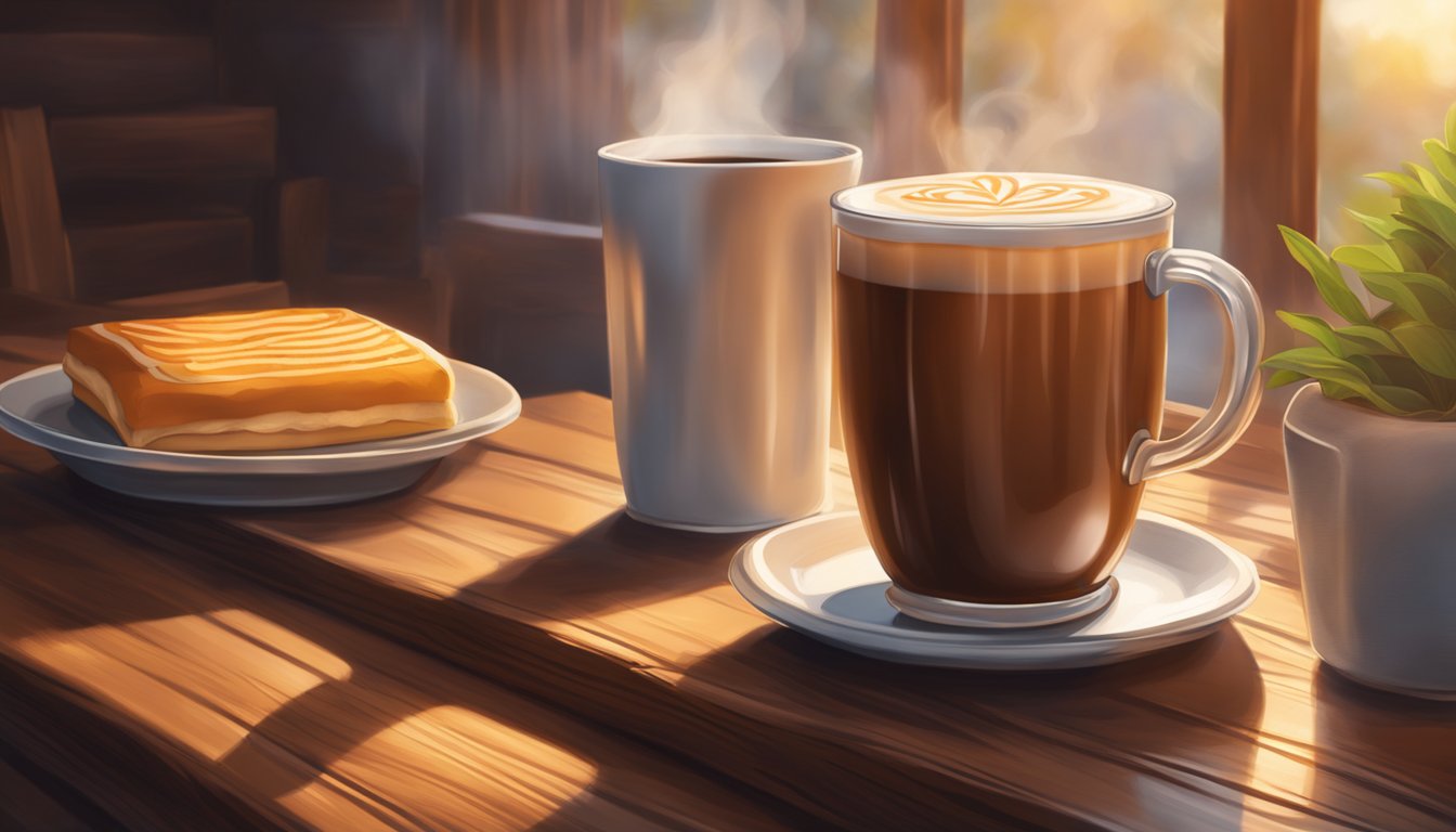 A steaming cup of Whataburger coffee sits on a rustic wooden table, surrounded by a warm, cozy atmosphere with soft lighting and a hint of morning sunlight filtering through the window