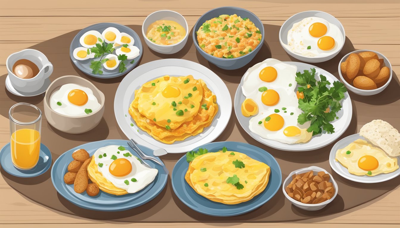 A table with a variety of egg dishes from different regions: omelette, scrambled, poached, and fried eggs, alongside regional breakfast items