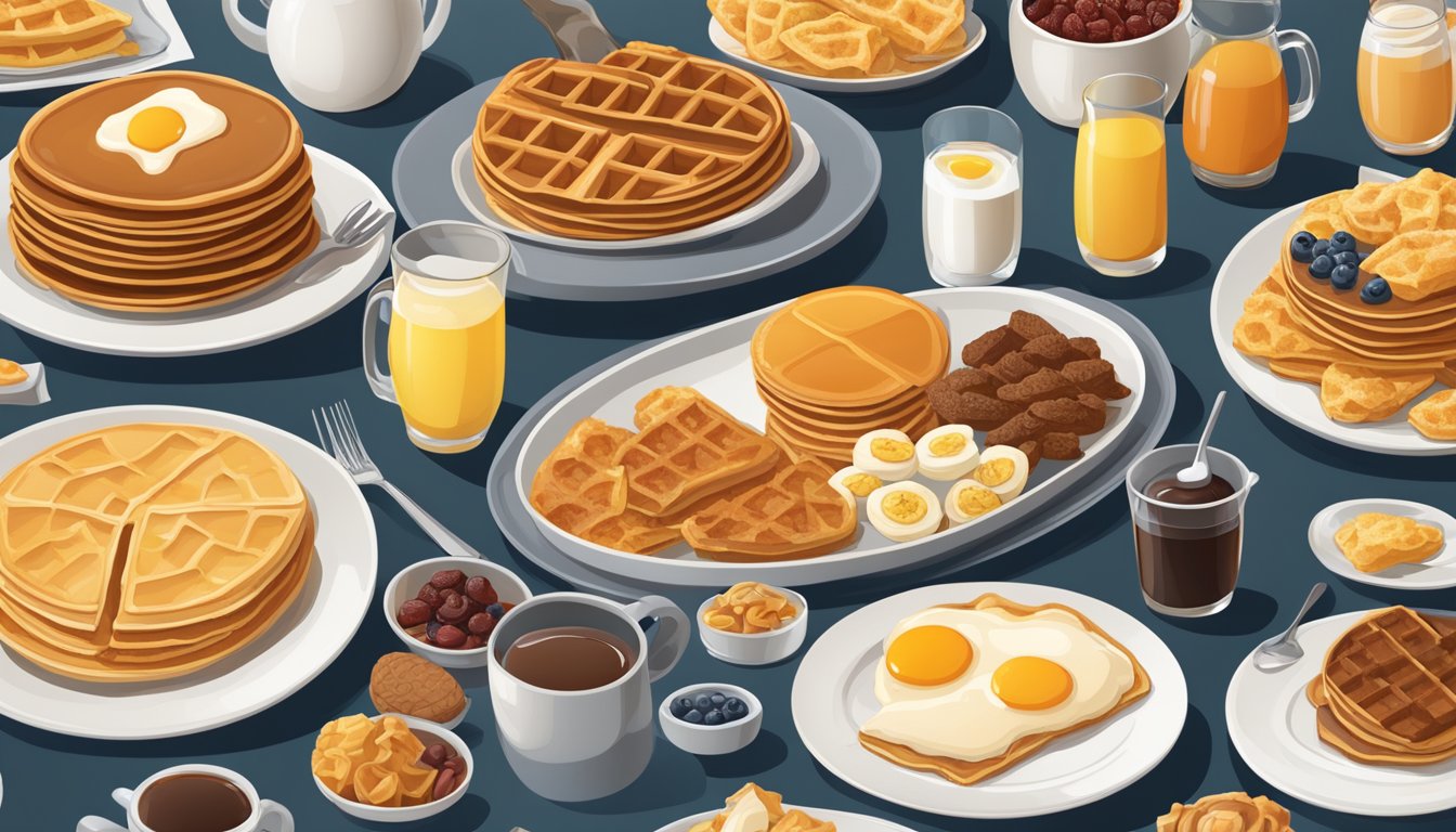 A table set with a variety of breakfast items, including fluffy pancakes, crispy waffles, and regional favorites from different locations