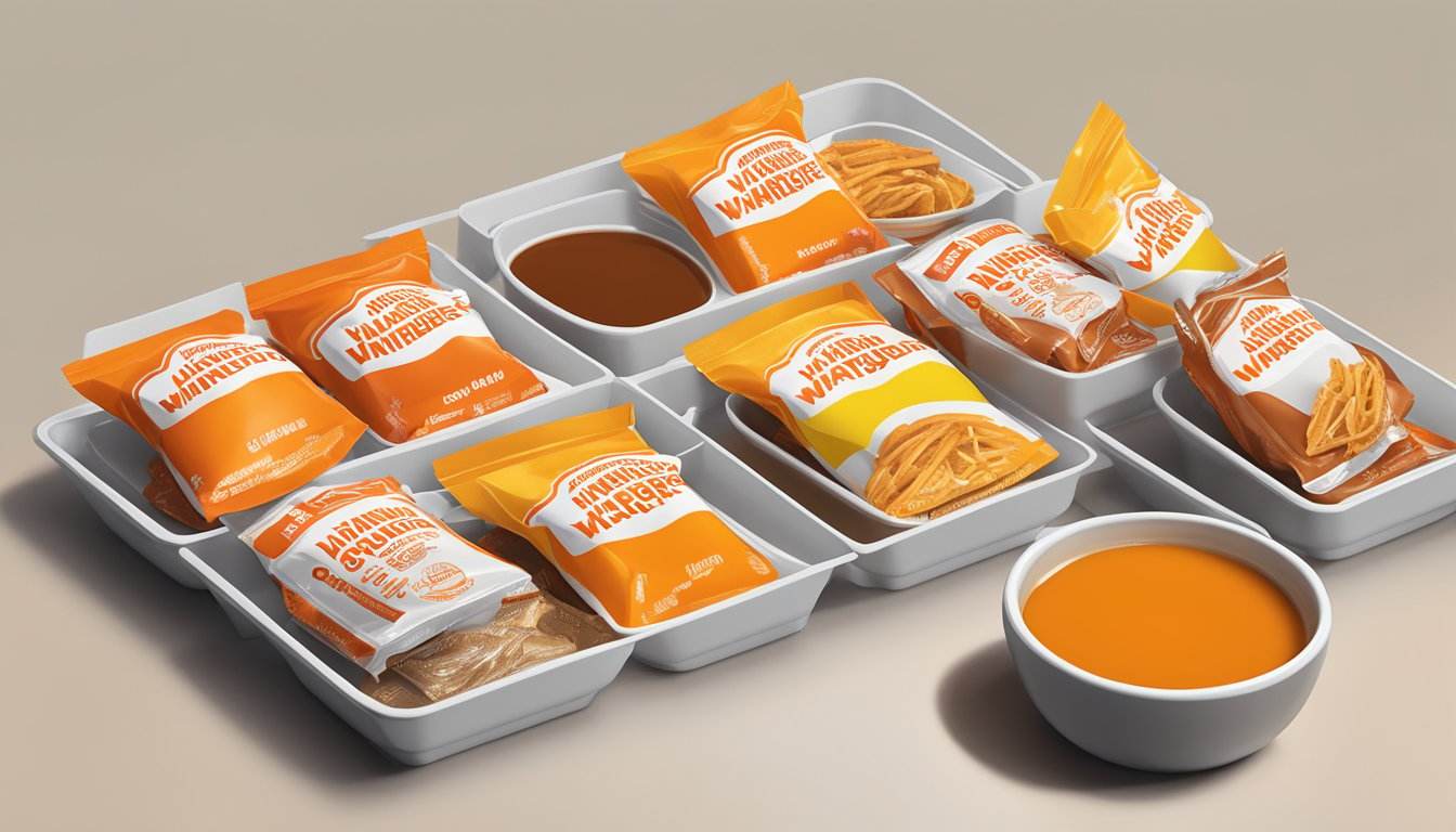 A spread of Whataburger condiment packets arranged on a table, including picante sauce and creamy pepper sauce