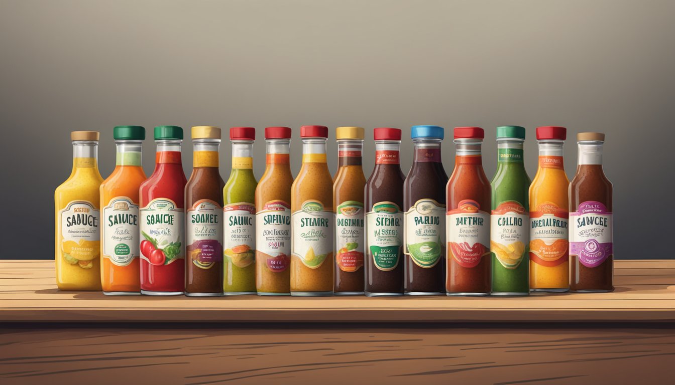 A table with various sauce bottles lined up, each labeled with the name of the condiment. Bright colors and contrasting textures catch the eye