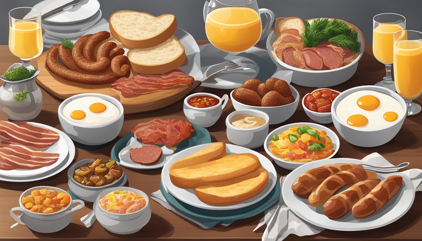 A table set with a spread of regional breakfast items, including meats like bacon and sausage, alongside various savory accompaniments