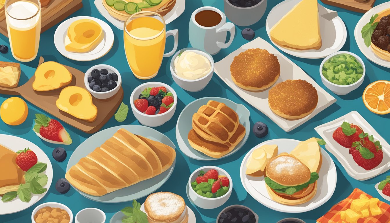 A spread of regional breakfast items from around the world, including pastries, fruits, and savory dishes, arranged on a table with colorful napkins and fresh ingredients